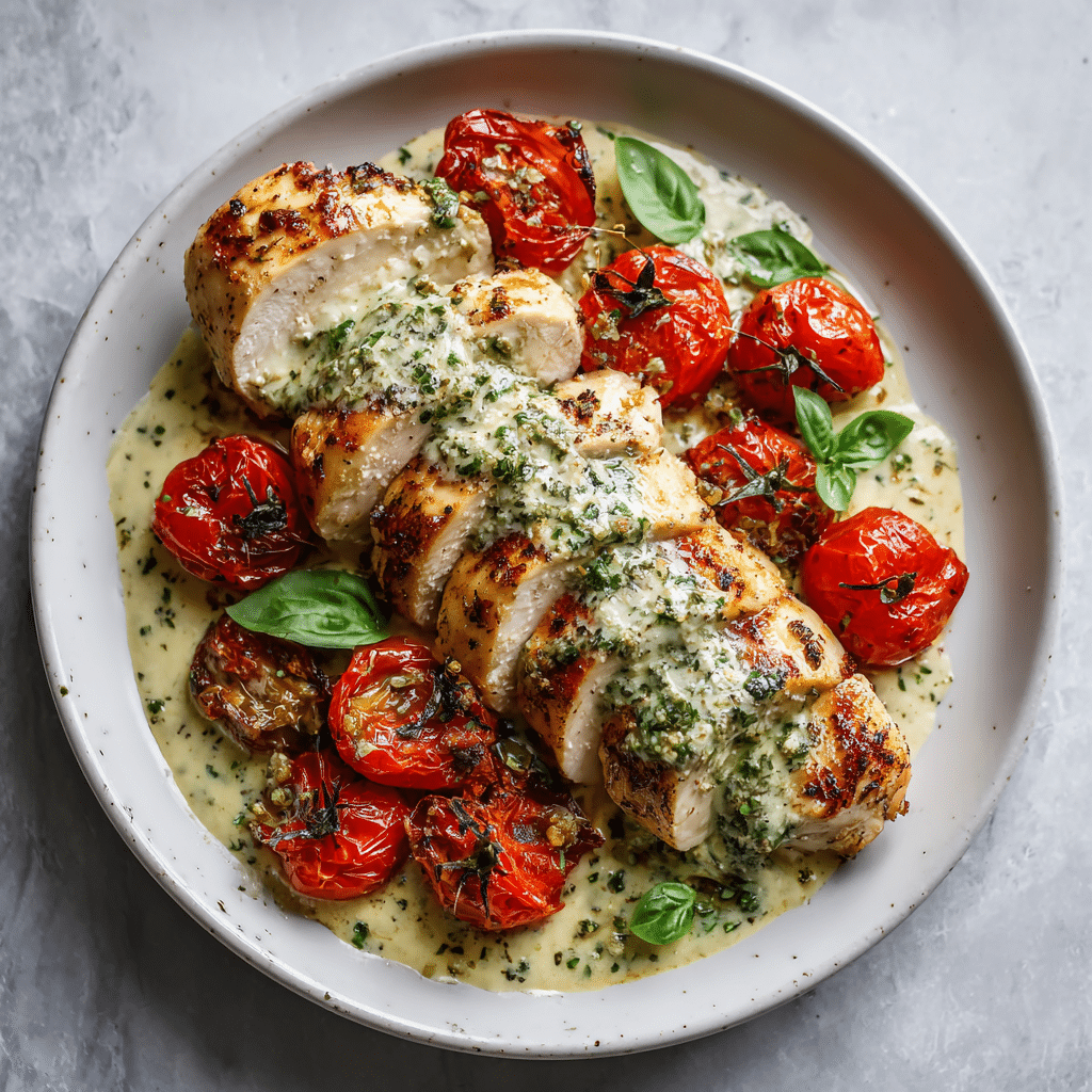 Creamy Pesto Chicken With Tomatoes Recipe 5 Dishfeast creamy pesto chicken with tomatoes featured
