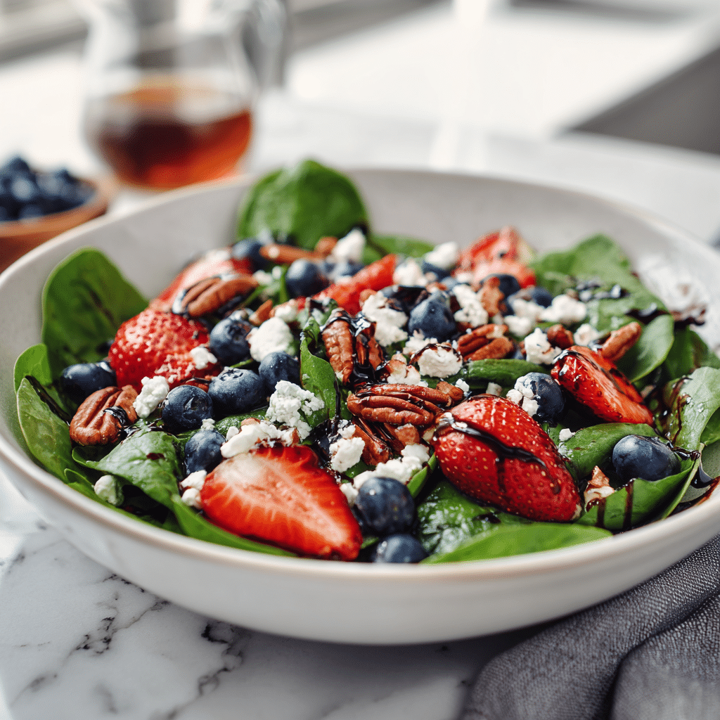 Spinach Strawberry Salad with Blueberries, Pecans, Feta, and Balsamic Glaze 5 Dishfeast featured spinach strawberry salad