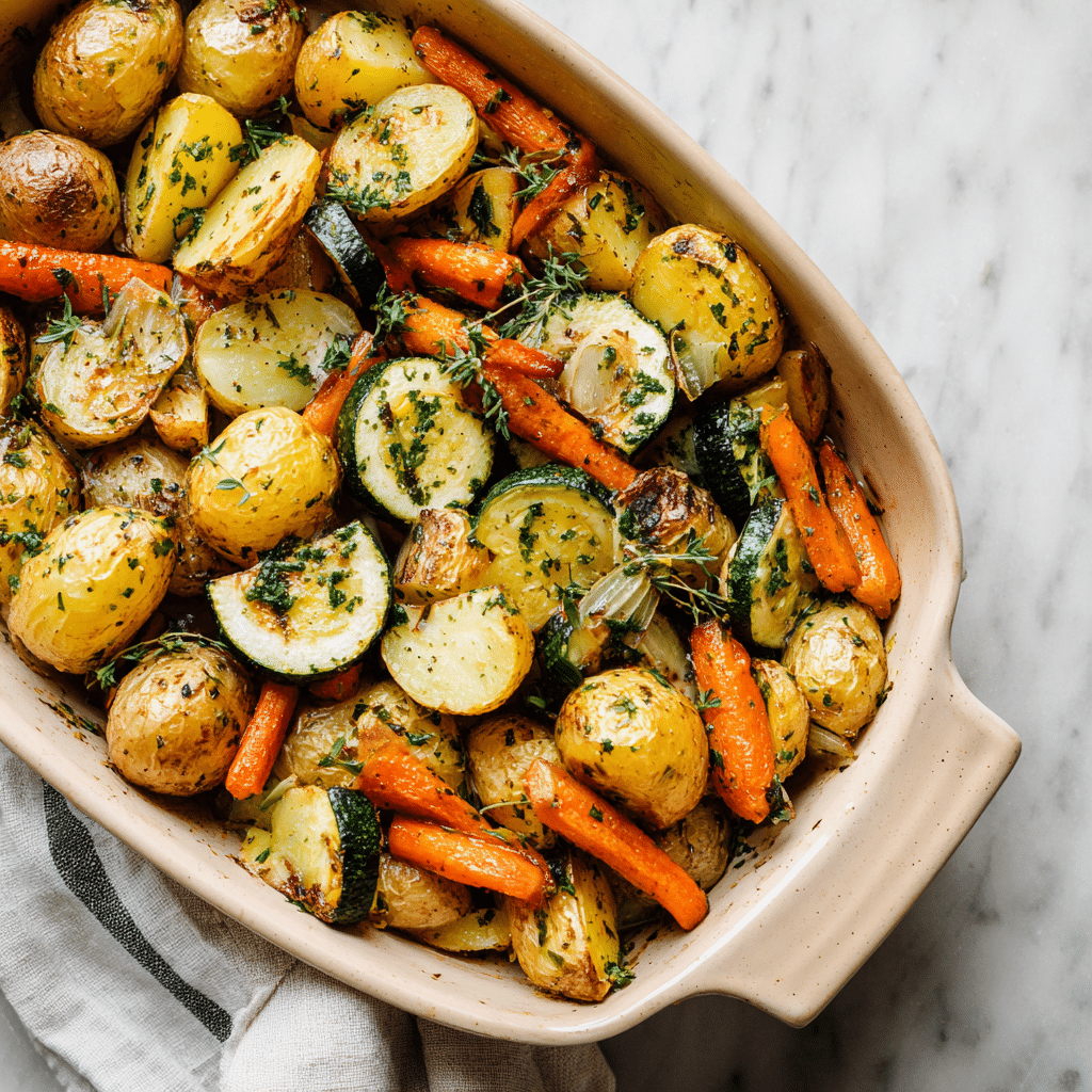 Garlic Herb Roasted Potatoes Recipe with Carrots and Zucchini 4 Dishfeast garlic herb roasted potatoes featured 1