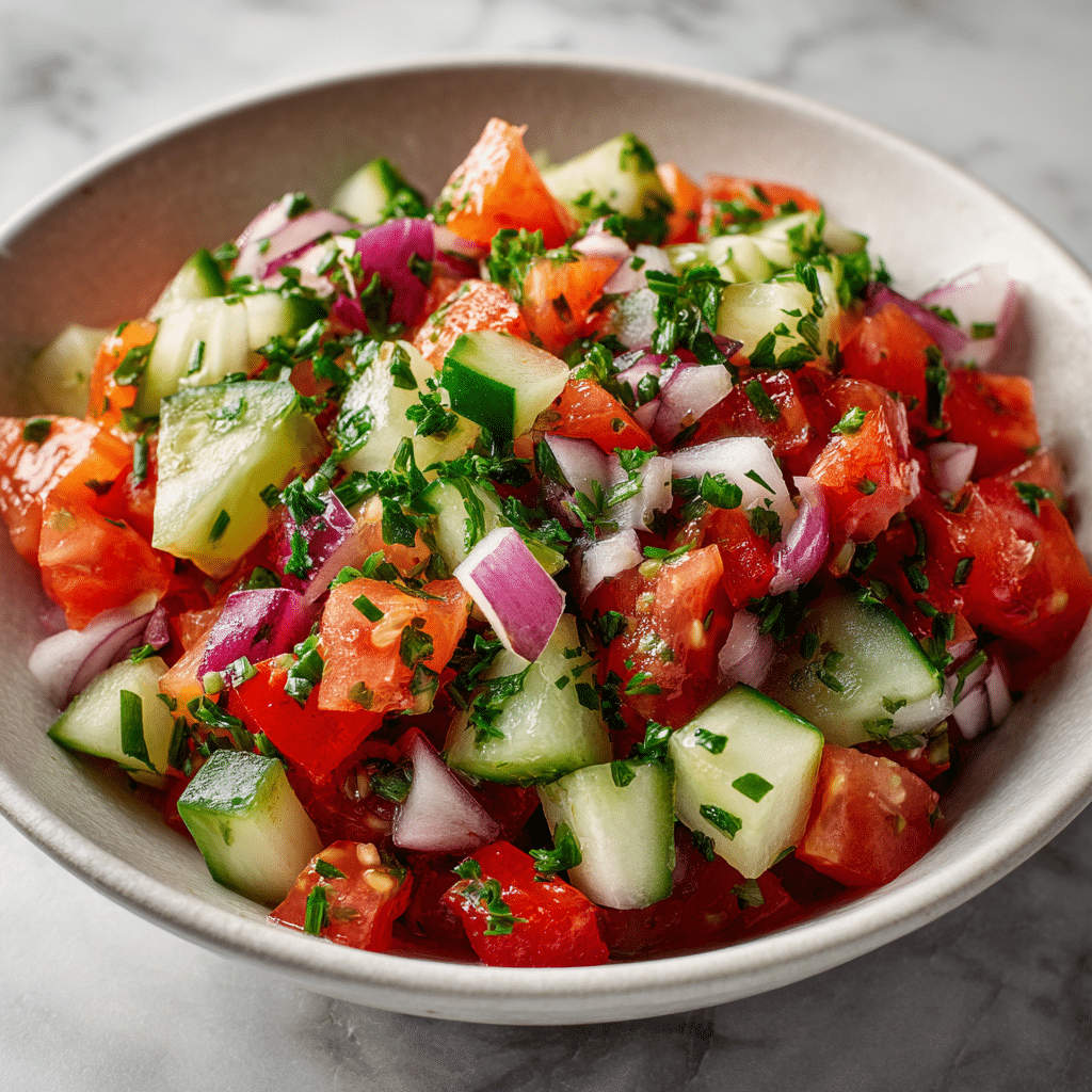 Dishfeast healthy mediterranean cucumber tomato onion salad