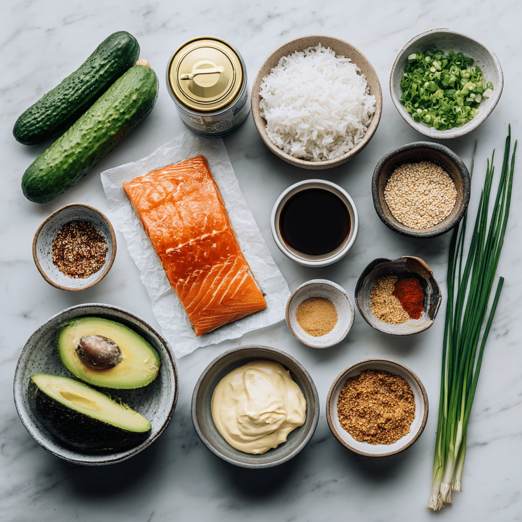 Dishfeast ingredients spicy salmon rice bowl coconut rice