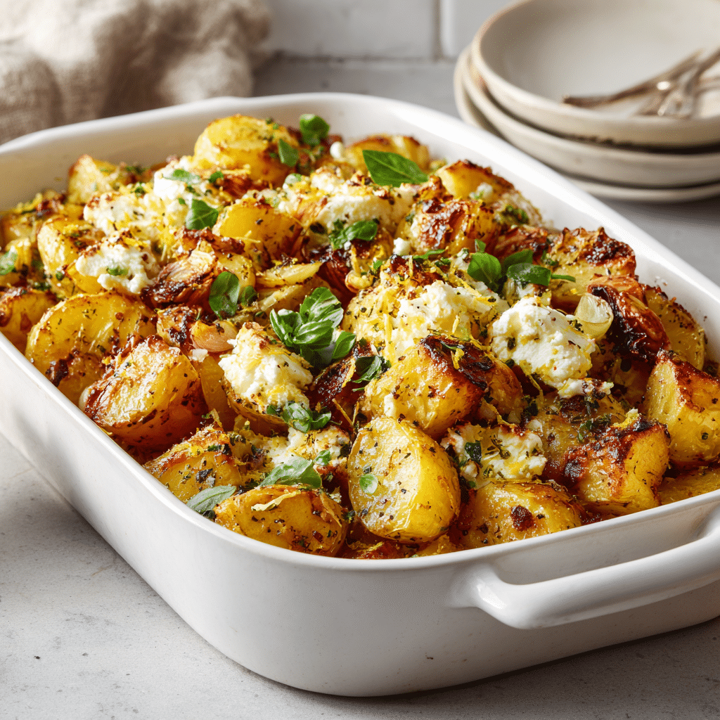 Dishfeast roasted potatoes baked feta garlic Featured