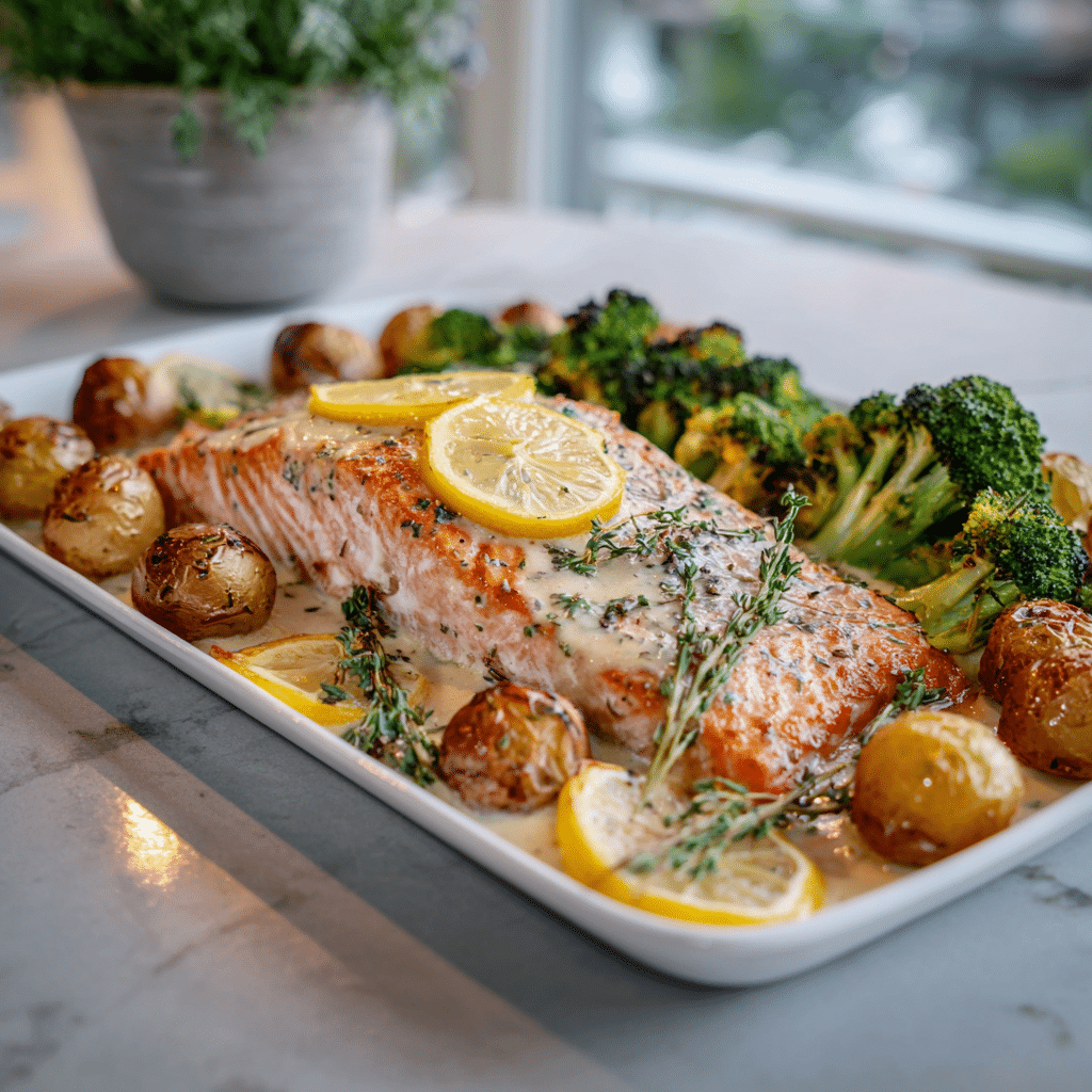 Dishfeast sheet pan baked salmon lemon sauce featured