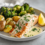 Dishfeast sheet pan baked salmon lemon sauce serving