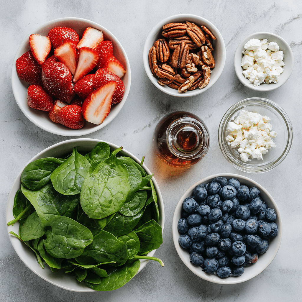 Spinach Strawberry Salad with Blueberries, Pecans, Feta, and Balsamic Glaze 7 Dishfeast spinach strawberry salad ingredients 1