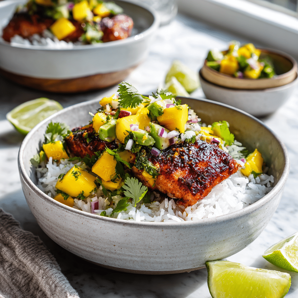 Amazing BBQ Salmon Bowls with Mango Avocado Salsa – Healthy Dinner 8 Dishfeast bbq salmon bowl Featured