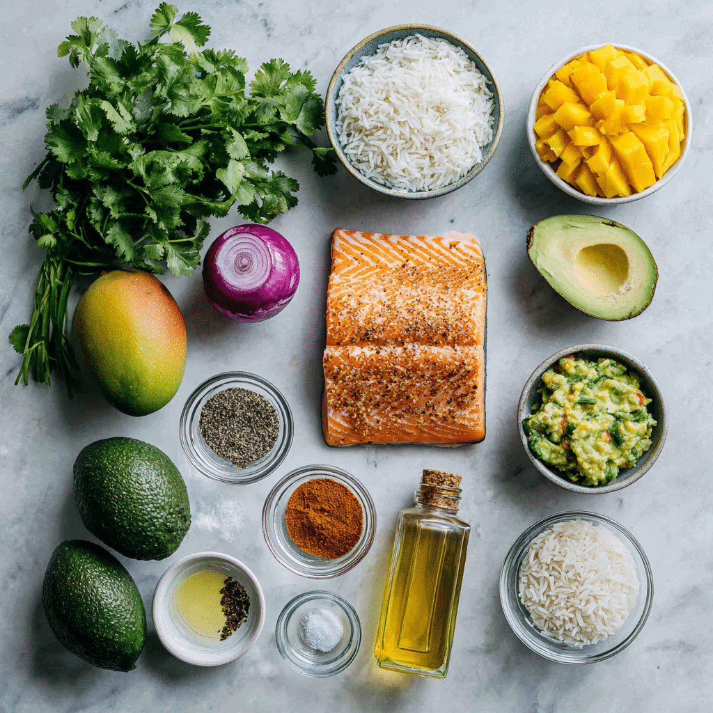 Amazing BBQ Salmon Bowls with Mango Avocado Salsa – Healthy Dinner 7 Dishfeast bbq salmon bowl ingredients