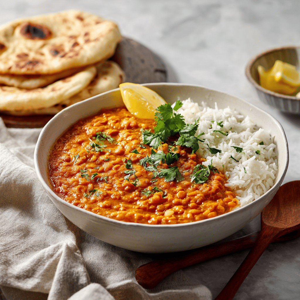 Spicy Red Lentil Curry Recipe – Healthy Vegan Dhal You Can Make Easily 8 Dishfeast creamy red lentil curry serving