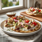 Greek Chicken Flatbread - Easy Mediterranean Flatbread Dinner Recipe 9 Dishfeast greek chicken flatbread Featured