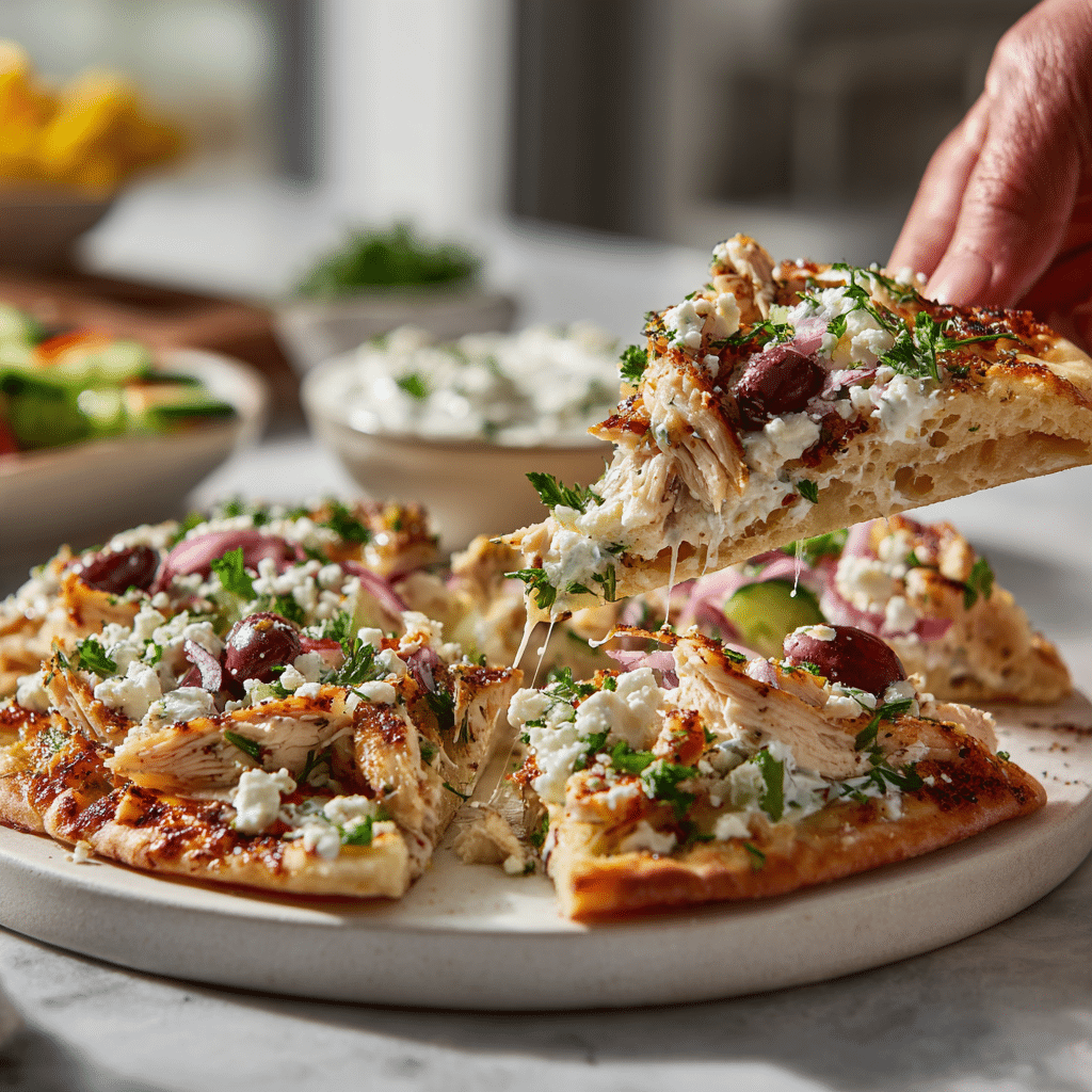 Greek Chicken Flatbread - Easy Mediterranean Flatbread Dinner Recipe 8 Dishfeast greek chicken flatbread serving