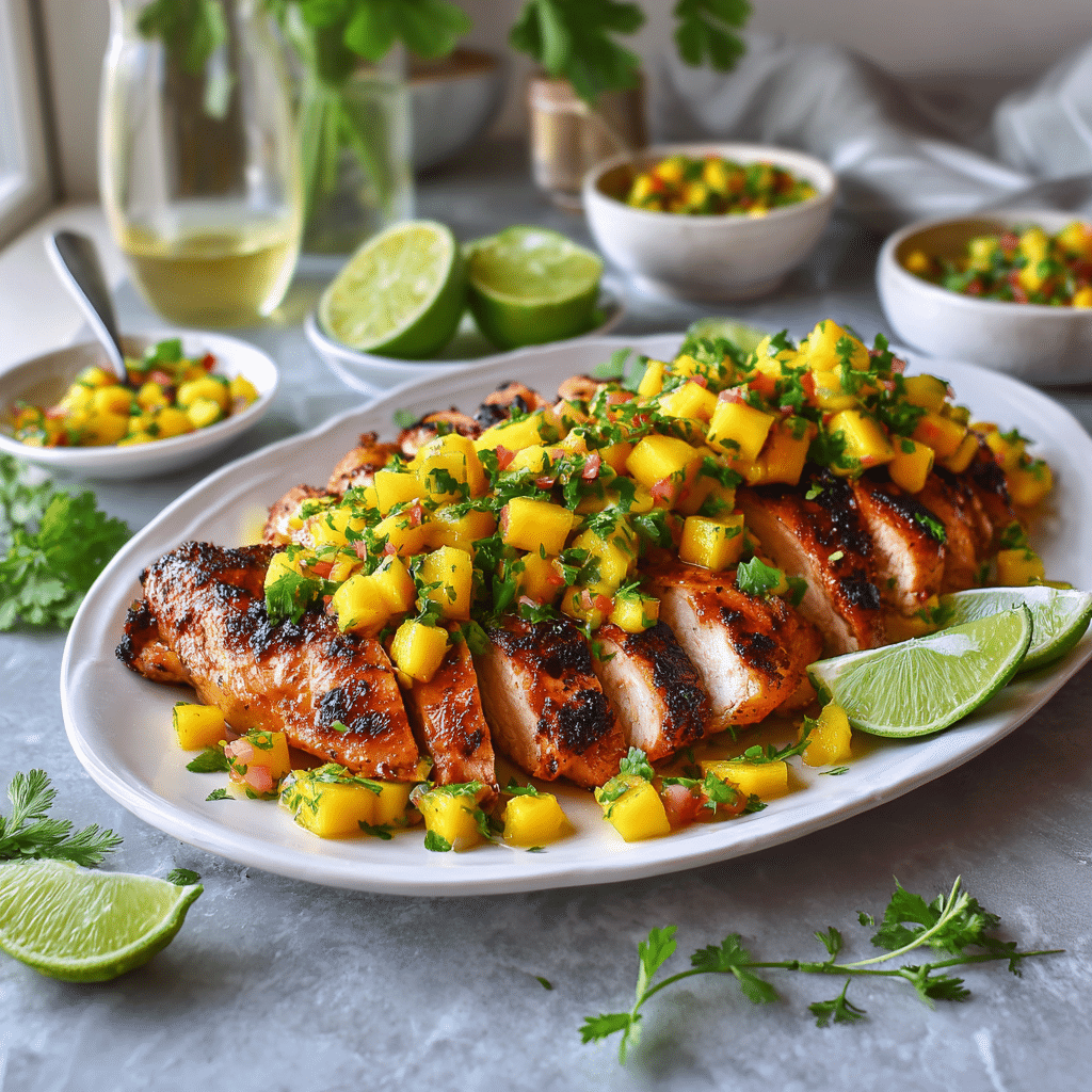Dishfeast healthy honey lime chicken mango salsa serving