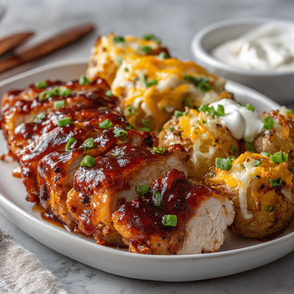 Honey BBQ Chicken & Garlic Parmesan Potatoes – Easy Weeknight Dinner for 2 8 Dishfeast honey bbq chicken garlic parmesan potatoes serving