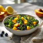 Amazing Summer Peach Blueberry Kale Salad - Healthy Recipe 9 Dishfeast peach blueberry kale salad Featured