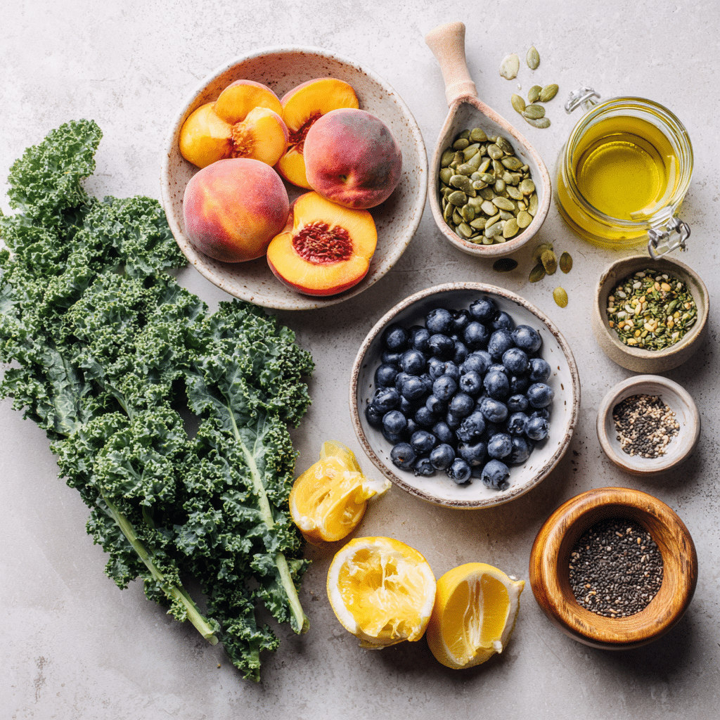 Dishfeast peach blueberry kale salad ingredients