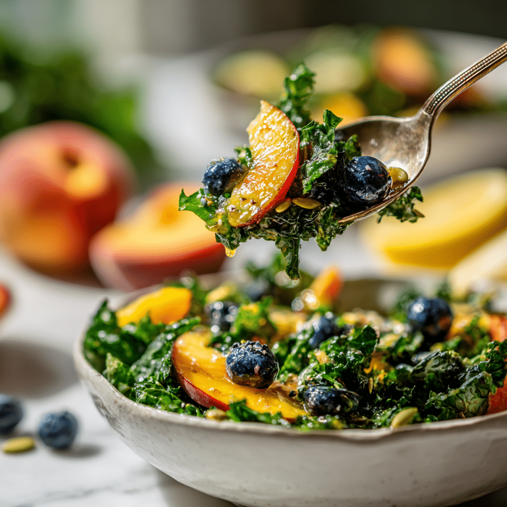 Amazing Summer Peach Blueberry Kale Salad - Healthy Recipe 8 Dishfeast peach blueberry kale salad serving