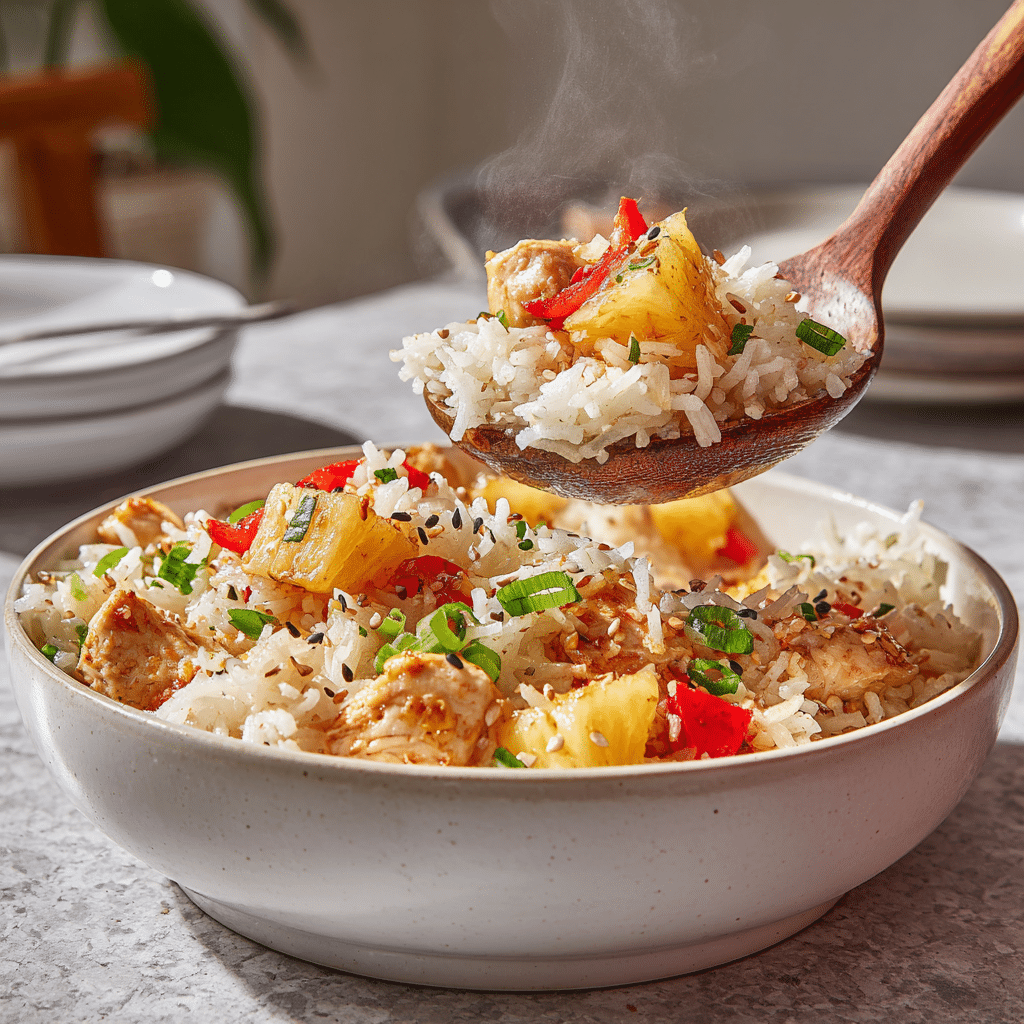 Sweet and Savory Pineapple Chicken and Rice – Easy One-Skillet Healthy Dinner 8 Dishfeast pineapple chicken rice serving