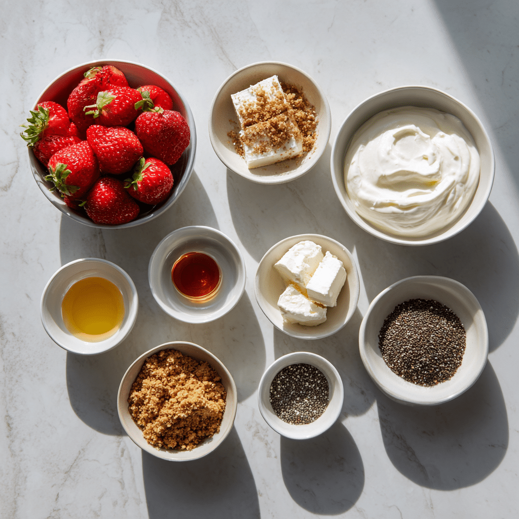 Strawberry Cheesecake Bowl – Quick and Easy Healthy Dessert 7 Dishfeast strawberry cheesecake yogurt bowl Ingredients