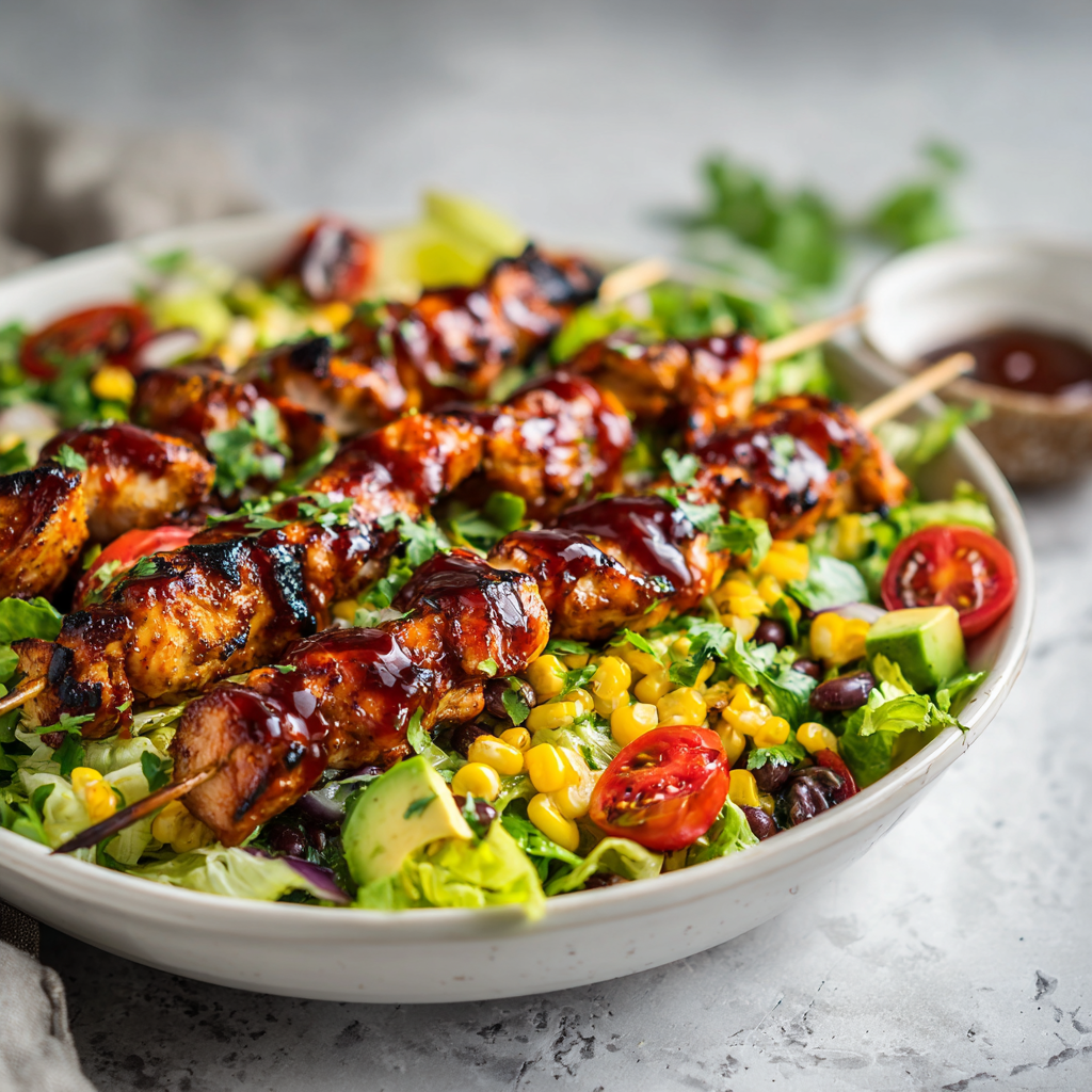 BBQ Chicken Skewer Salad: The Ultimate Summer Recipe 6 BBQ chicken skewer salad with grilled chicken, avocado, and corn