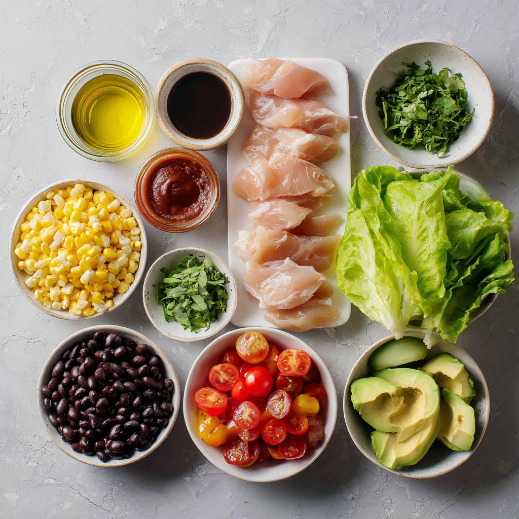 BBQ Chicken Skewer Salad: The Ultimate Summer Recipe 7 ingredients for BBQ chicken skewer salad on marble countertop