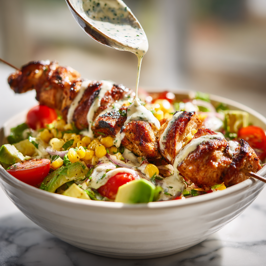 BBQ Chicken Skewer Salad: The Ultimate Summer Recipe 8 serving BBQ chicken skewer salad with grilled skewers on top