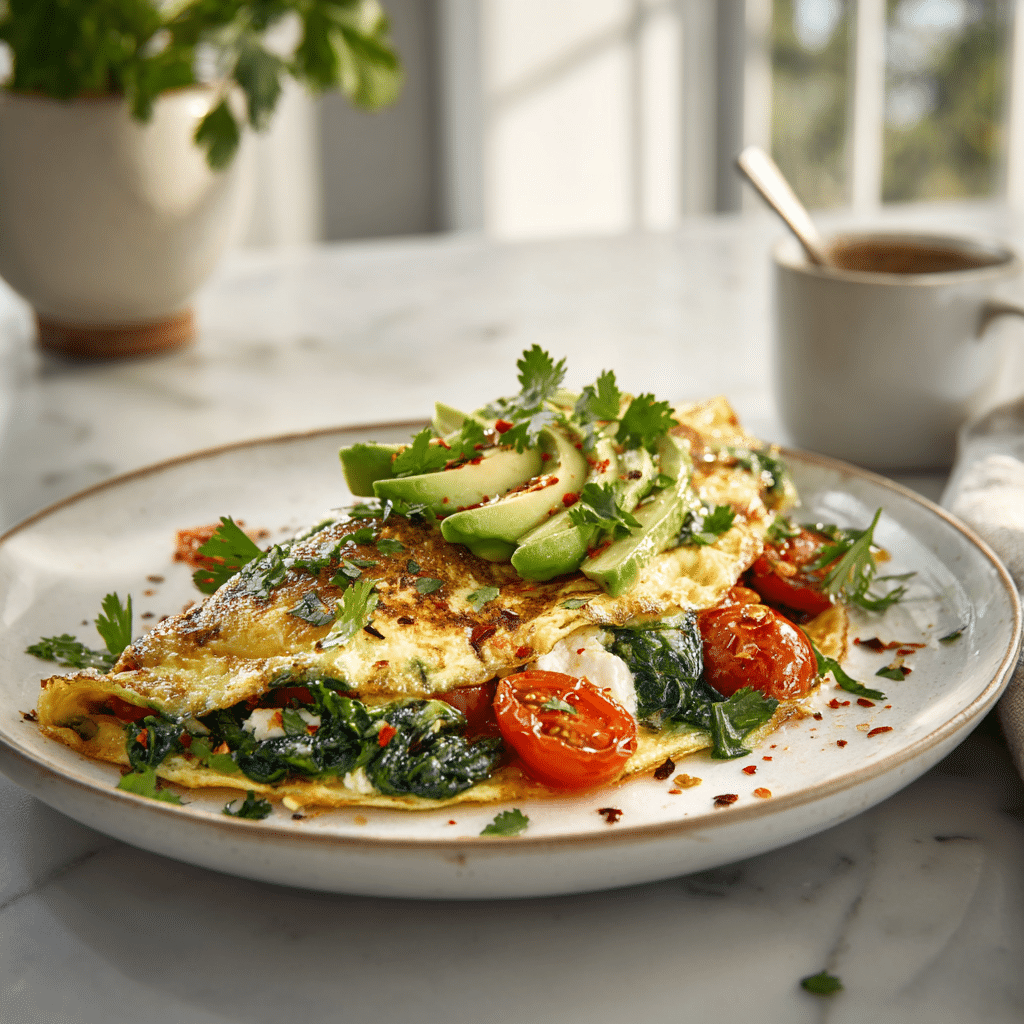 Artistic Omelet - The Ultimate Visual Gourmet Breakfast Guide 6 Artistic omelet with spinach, goat cheese, avocado and cherry tomatoes