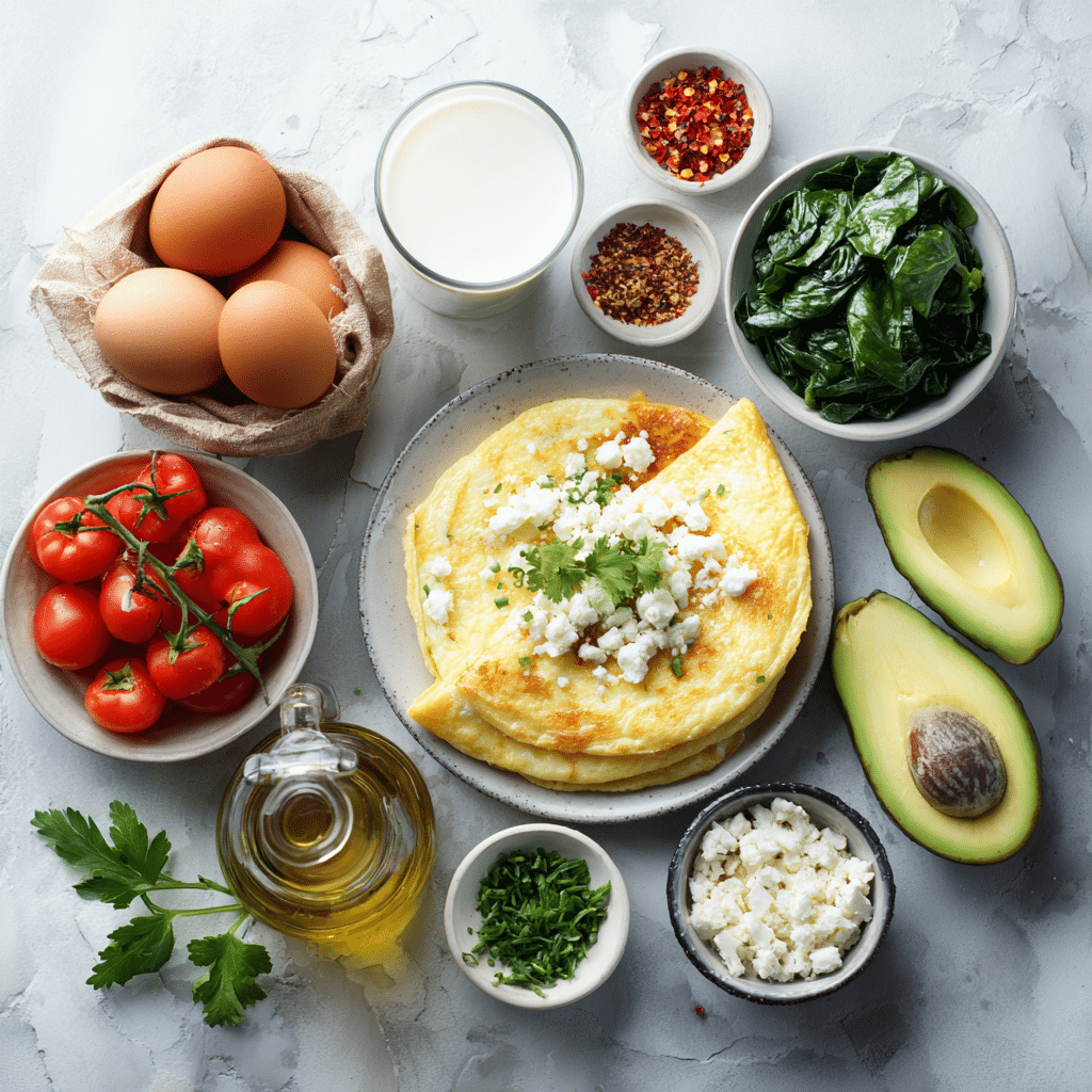 Artistic Omelet - The Ultimate Visual Gourmet Breakfast Guide 7 Ingredients for artistic omelet including eggs spinach goat cheese avocado