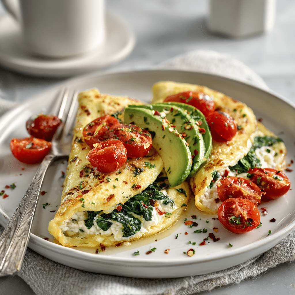 Artistic Omelet - The Ultimate Visual Gourmet Breakfast Guide 8 Served artistic omelet with avocado and goat cheese filling