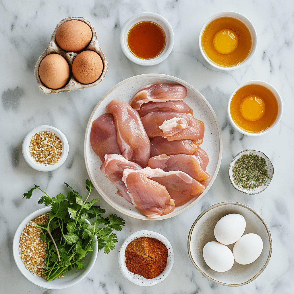 Baked Crunchy Hot Honey Chicken 7 ingredients for baked crunchy hot honey chicken arranged on marble surface