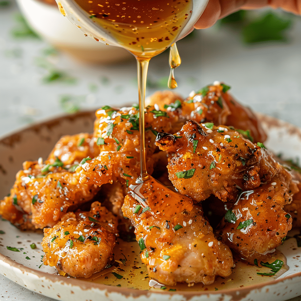 Baked Crunchy Hot Honey Chicken 8 serving baked crunchy hot honey chicken with drizzle of spicy honey