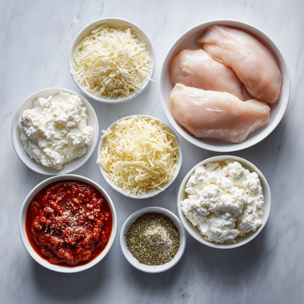 Baked Ricotta Chicken - Easy Cheesy Italian Dinner 7 ingredients for baked ricotta chicken recipe laid out