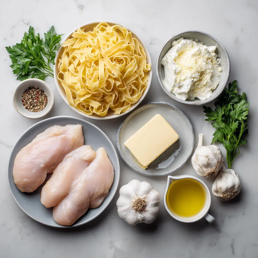 chicken alfredo ingredients including pasta chicken cream and parmesan