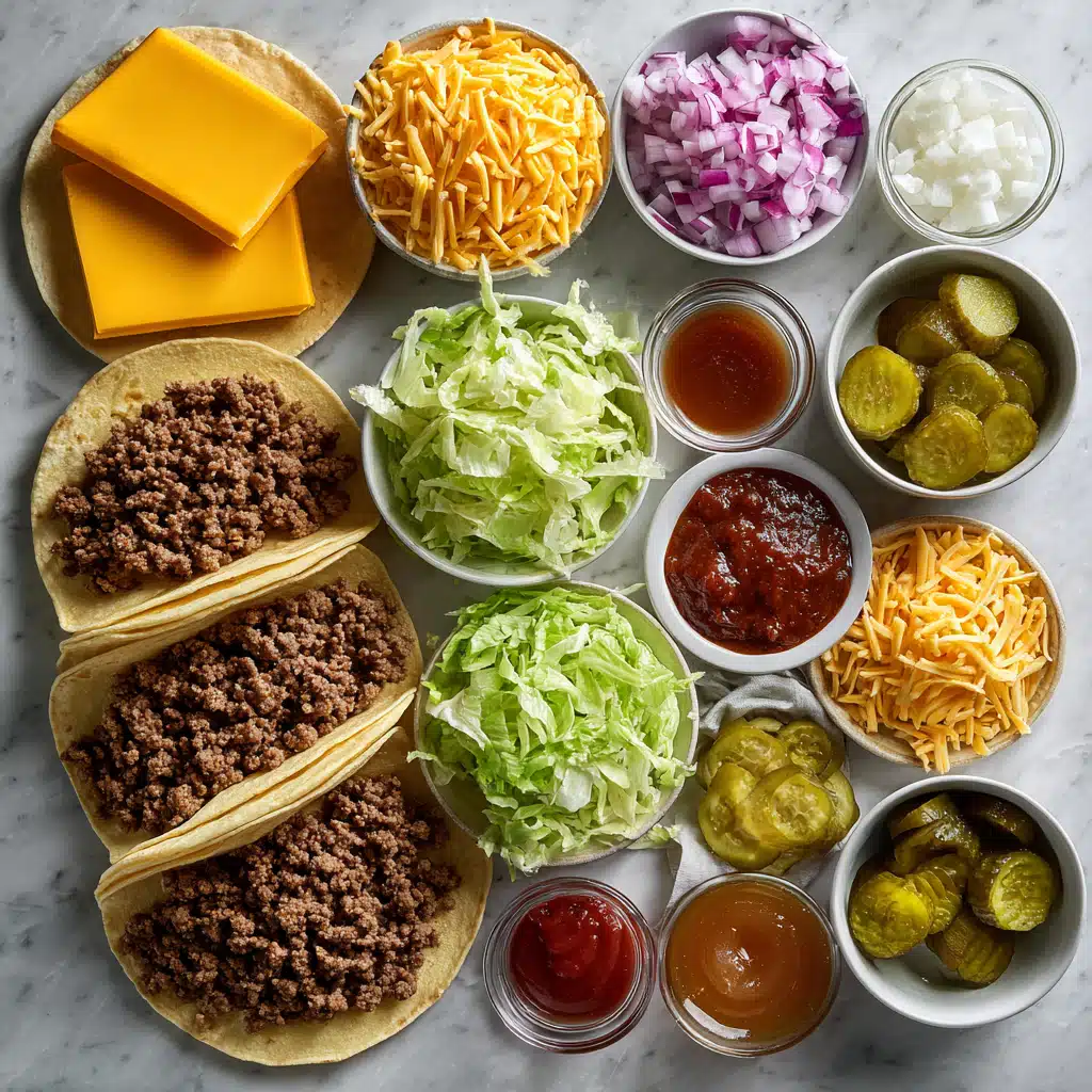 ingredients for Big Mac smash burger taco recipe arranged on marble surface