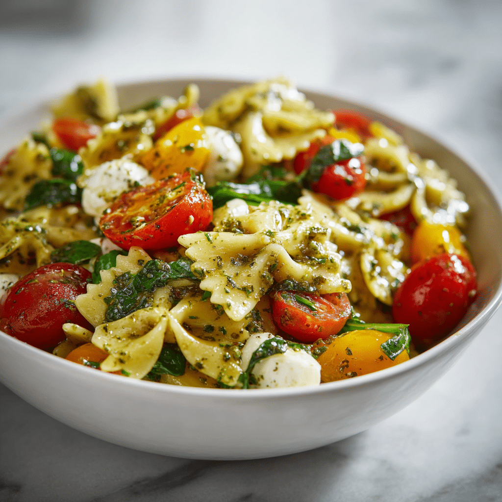 Bow Tie Pasta Salad Recipe for Fresh Summer Meals 6 Bow tie pasta salad with pesto, tomatoes, and mozzarella in white bowl