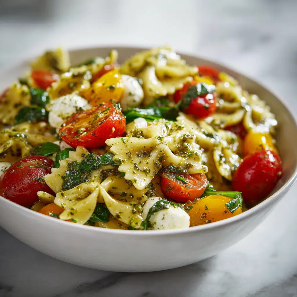 Bow Tie Pasta Salad Recipe for Fresh Summer Meals 6 Bow tie pasta salad with pesto, tomatoes, and mozzarella in white bowl