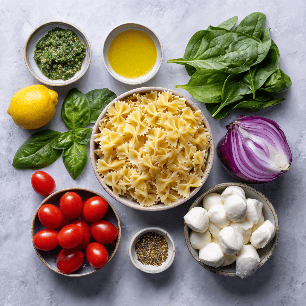 Bow Tie Pasta Salad Recipe for Fresh Summer Meals 7 Ingredients for bow tie pasta salad including pasta, tomatoes, mozzarella, and basil