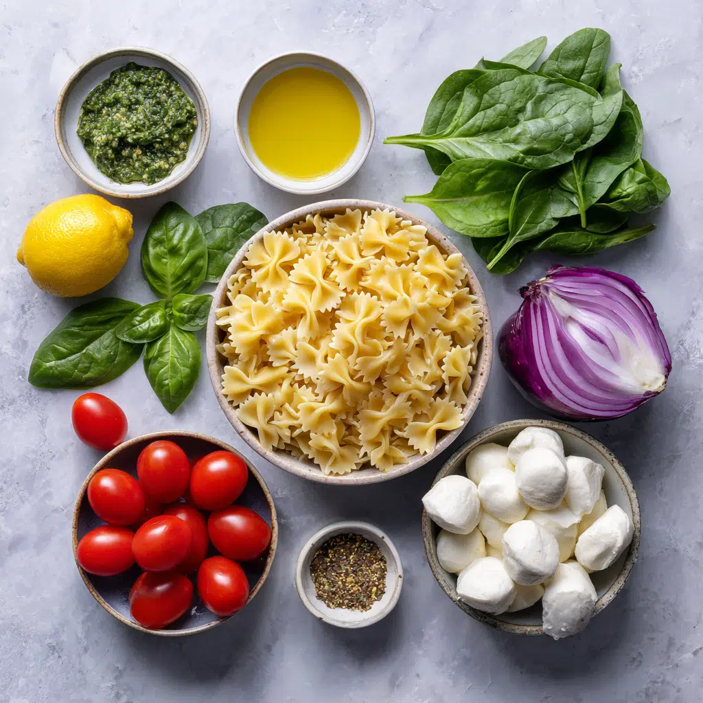 Bow Tie Pasta Salad Recipe for Fresh Summer Meals 7 Ingredients for bow tie pasta salad including pasta, tomatoes, mozzarella, and basil