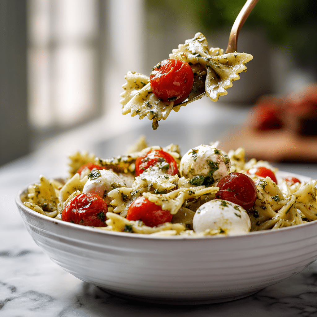 Bow Tie Pasta Salad Recipe for Fresh Summer Meals 8 Serving bow tie pasta salad with pesto and fresh vegetables