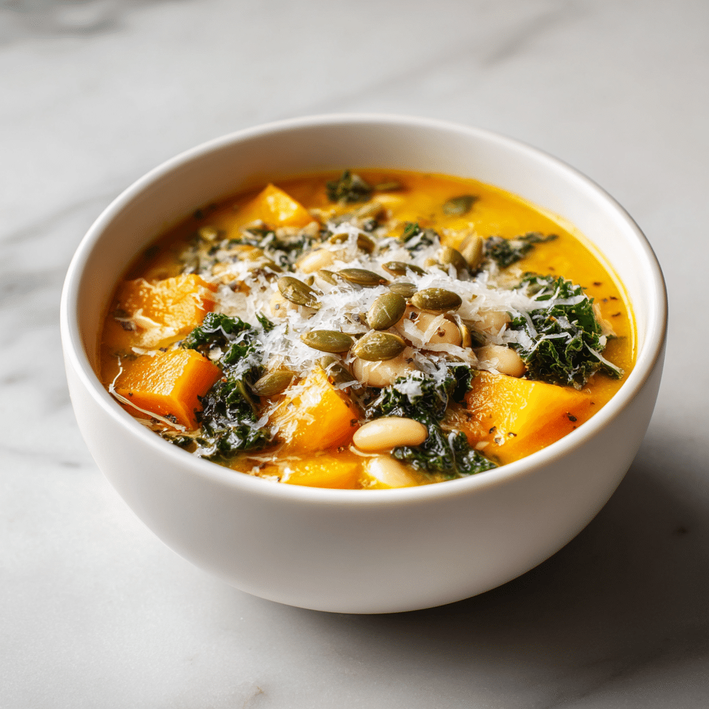butternut squash kale white bean soup in white bowl with parmesan and pumpkin seeds