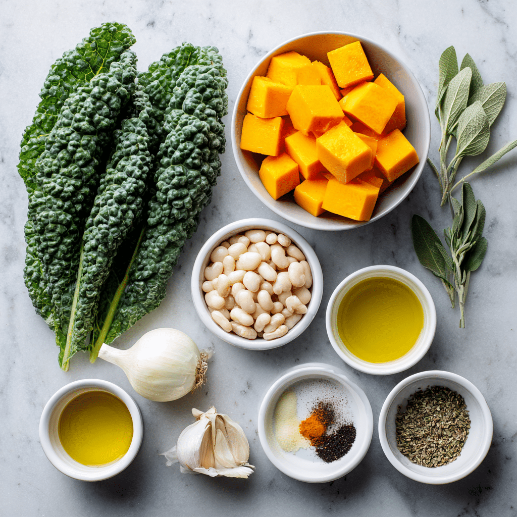 ingredients for butternut squash kale white bean soup neatly arranged