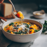 serving butternut squash kale white bean soup with parmesan and pumpkin seeds