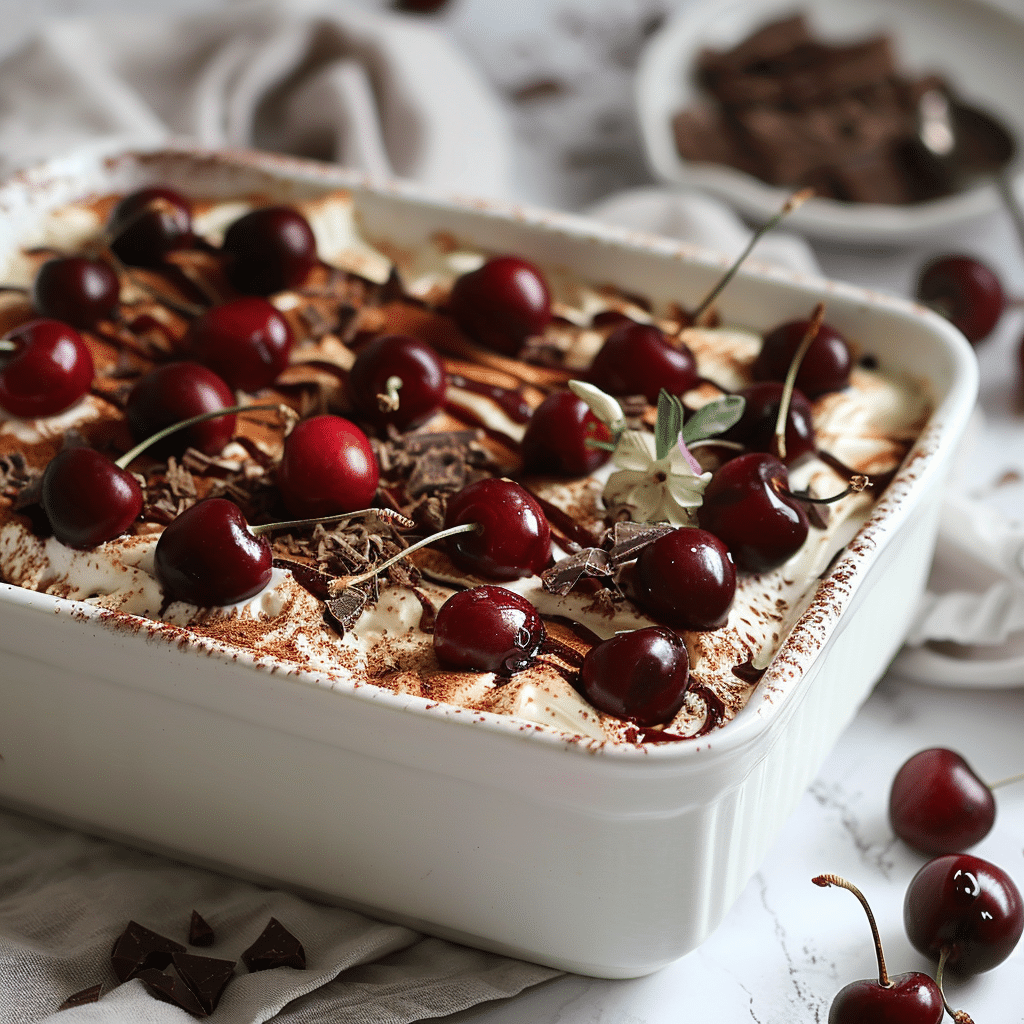 Cherry tiramisu dessert with mascarpone cream and fresh cherries on top