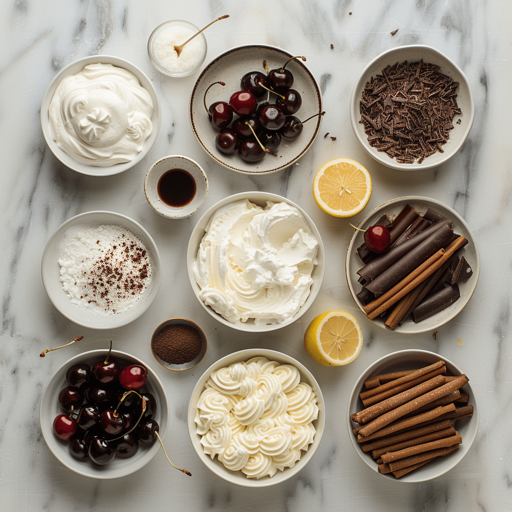 Ingredients for cherry tiramisu including mascarpone cherries and ladyfingers