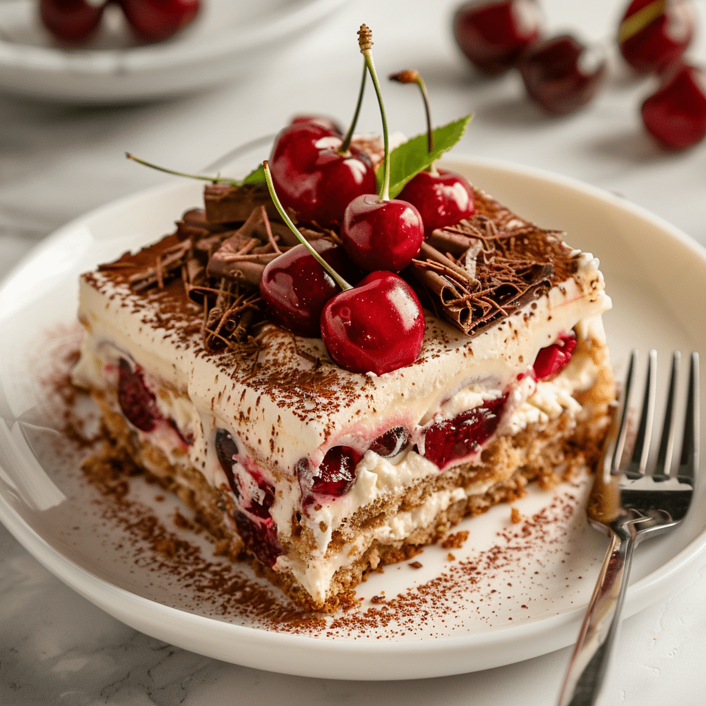 Slice of cherry tiramisu served with fresh cherries and chocolate shavings
