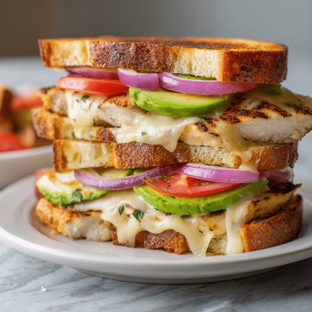 Chicken avocado melt sandwich with melted cheese and fresh avocado on toasted sourdough