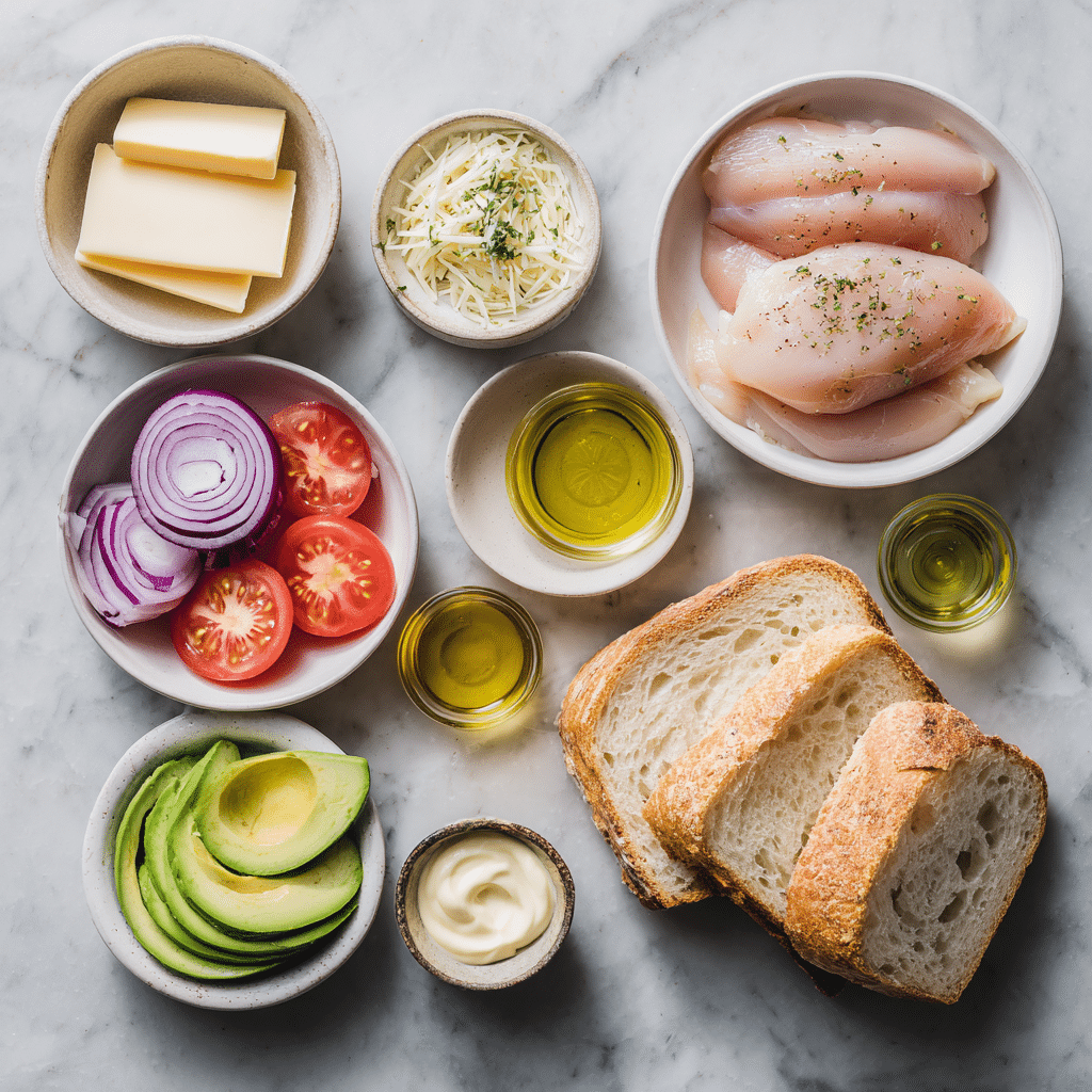 ingredients for chicken avocado melt sandwich including chicken avocado cheese and bread