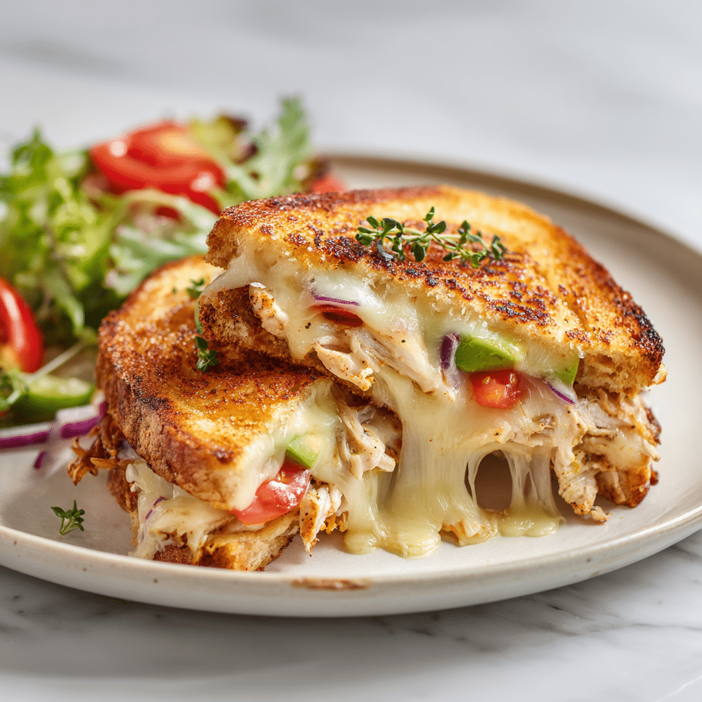 sliced chicken avocado melt sandwich served warm with melted cheese and fresh layers