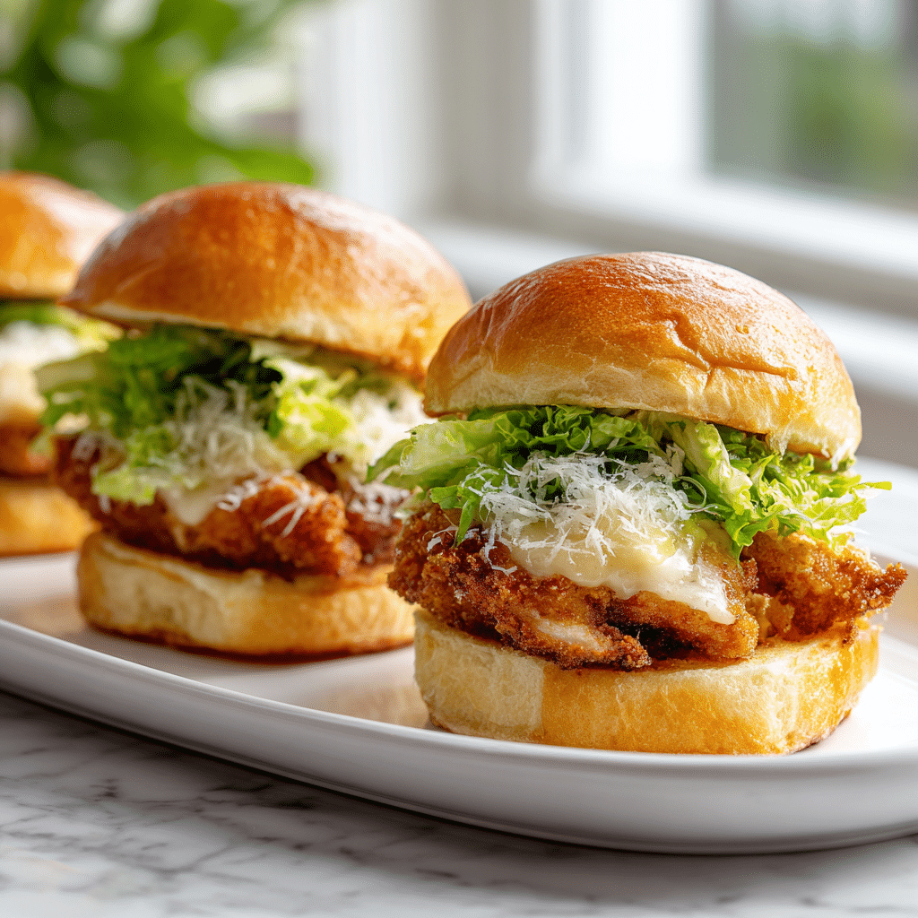 Chicken Caesar Garlic Sliders Recipe 6 Chicken Caesar Garlic Sliders with crispy chicken and Caesar dressing