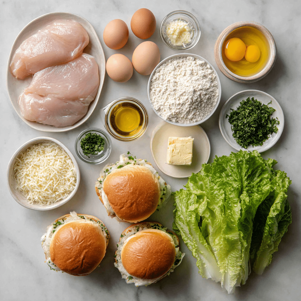 Chicken Caesar Garlic Sliders Recipe 7 Ingredients for chicken Caesar garlic sliders recipe laid out
