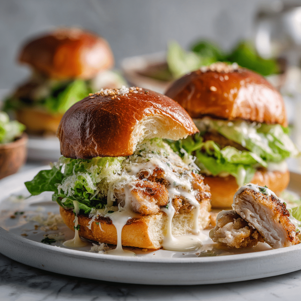 Chicken Caesar Garlic Sliders Recipe 8 Chicken Caesar garlic sliders served with crispy chicken and dressing