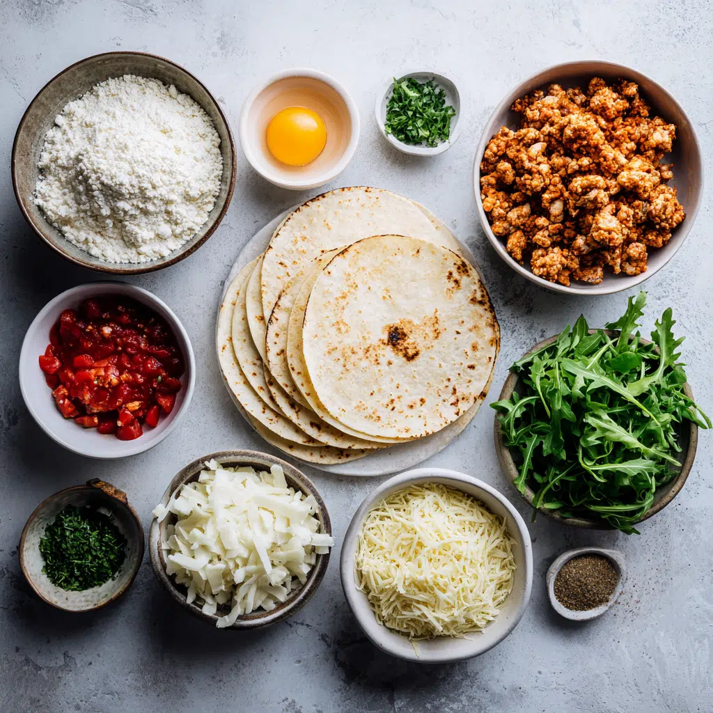 Professional SEO Recipe Article: Chicken Parm Smashed Tacos 7 Ingredients for chicken parm smashed tacos laid out on marble surface